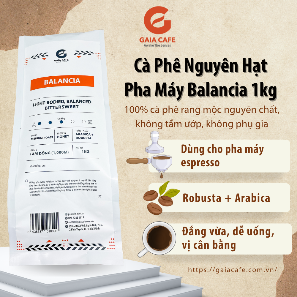 [1KG] Cà phê hạt GAIA BALANCIA | Cafe Robusta & Arabica | Truyền thống, đắng vừa | Phù hợp pha máy espresso
