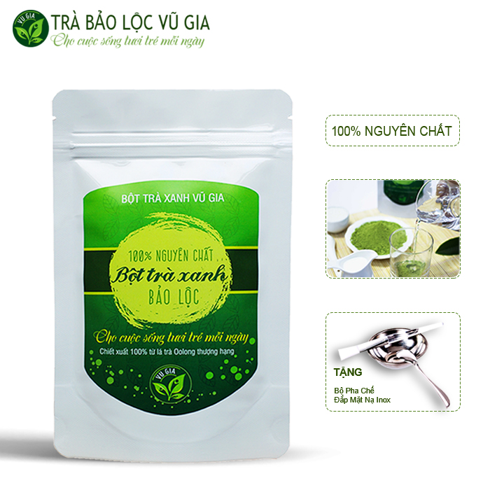 Bột Trà Xanh Nguyên Chất Vũ Gia (100g/túi) + Tặng Bộ Đắp Mặt - Hỗ trợ đắp mặt nạ dưỡng da, tẩy tế bào chết cho da, đánh bay nhờn, mụn hiệu quả - Đã được kiểm nghiệm y tế