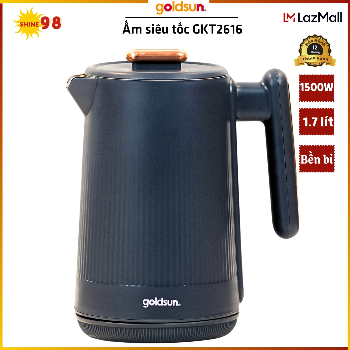 Ấm siêu tốc 2 lớp Goldsun GKT2616 dung tích 1.7L công suất 1500W đun siêu tốc, tự ngắt khi sôi hoặc cạn nước