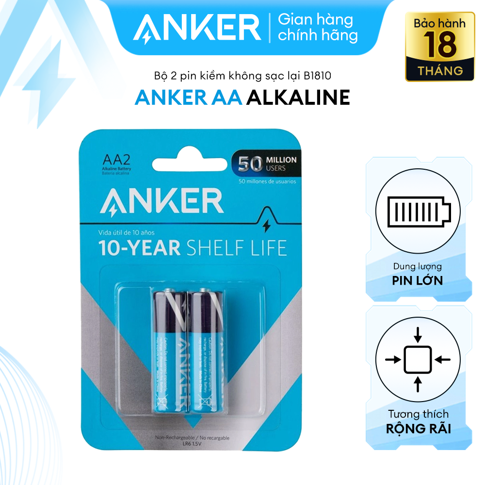 Bộ 2 Pin Kiềm (dùng 1 lần) AA ANKER Alkaline - B1810 bền bỉ chống rò rỉ và an toàn với công nghệ PowerLock