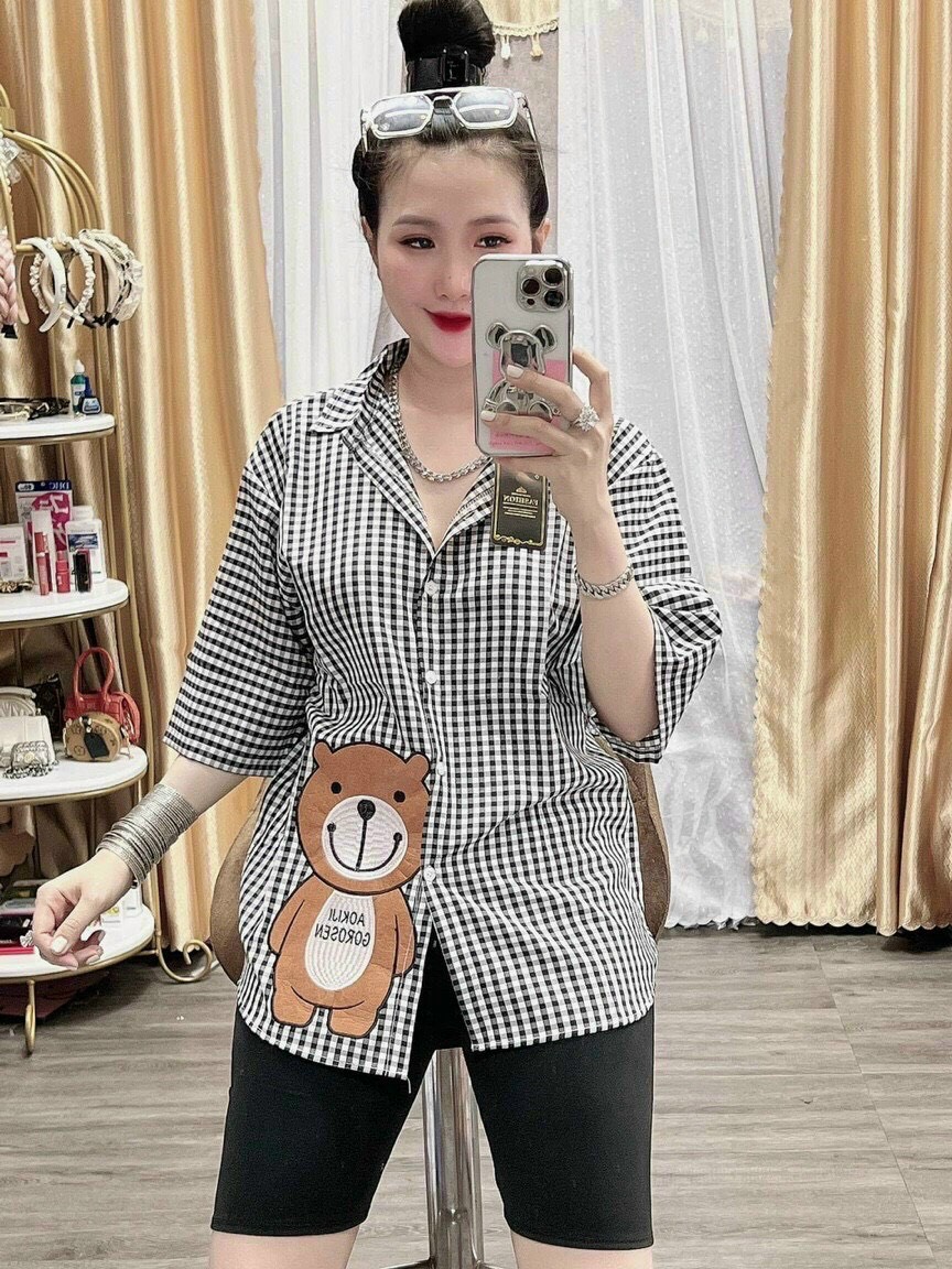 Sét Bộ Đồ Ngố Áo Sơ Mi In Hình Gấu, Quần Thun Co Giãn