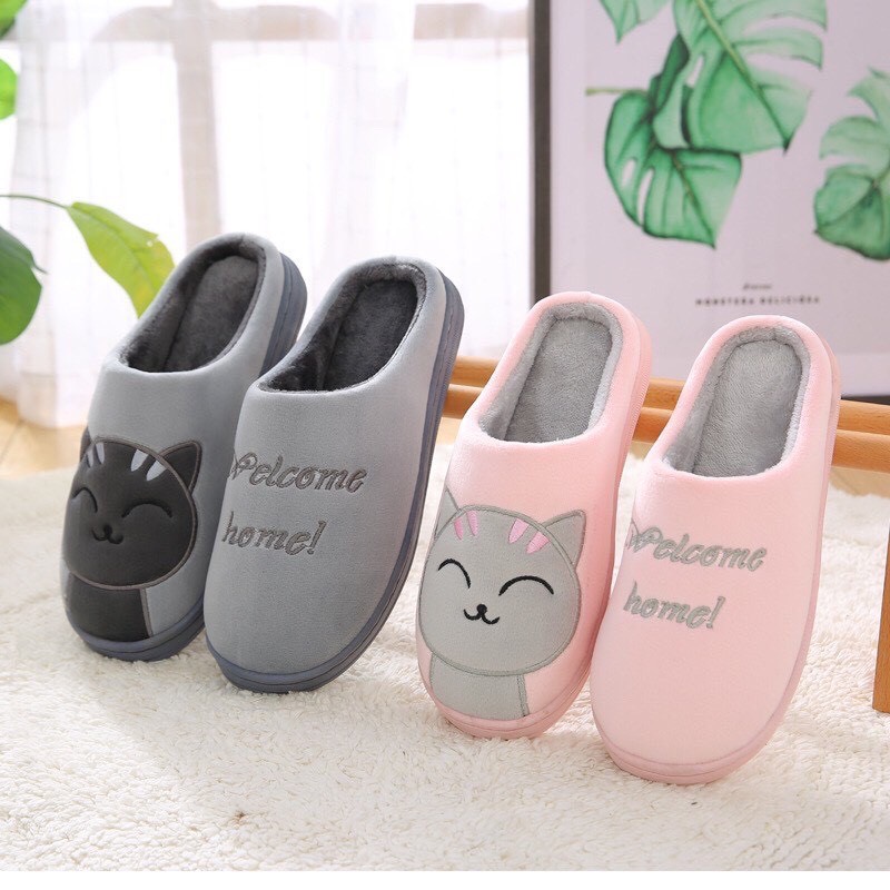 Dép bông unisex hình mèo, đế cao su dẻo, dép lông mịn siêu kute siêu êm chân