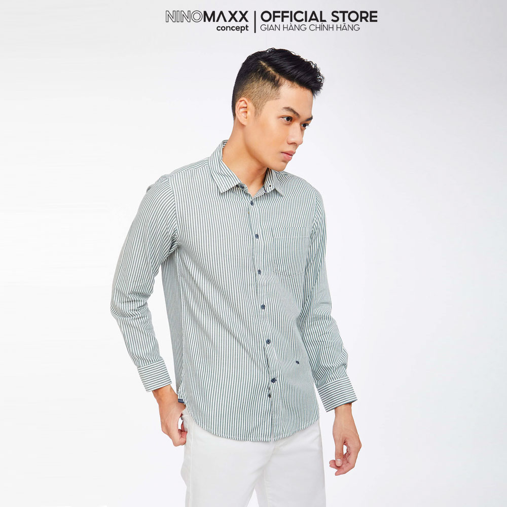 Ninomaxx áo sơ mi nam dài tay sọc xanh rêu 100% cotton 1908010