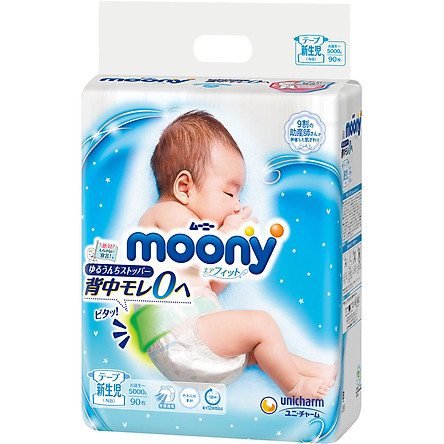 Tã/bỉm dán moony xanh không cộng miếng nội địa Nhật Bản size Newborn 90 miếng