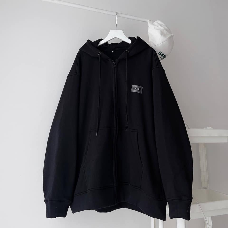 Áo khoác hoodie zip WZS TEM SU MÀU ĐEN vải nỉ lót bông form rộng unisex