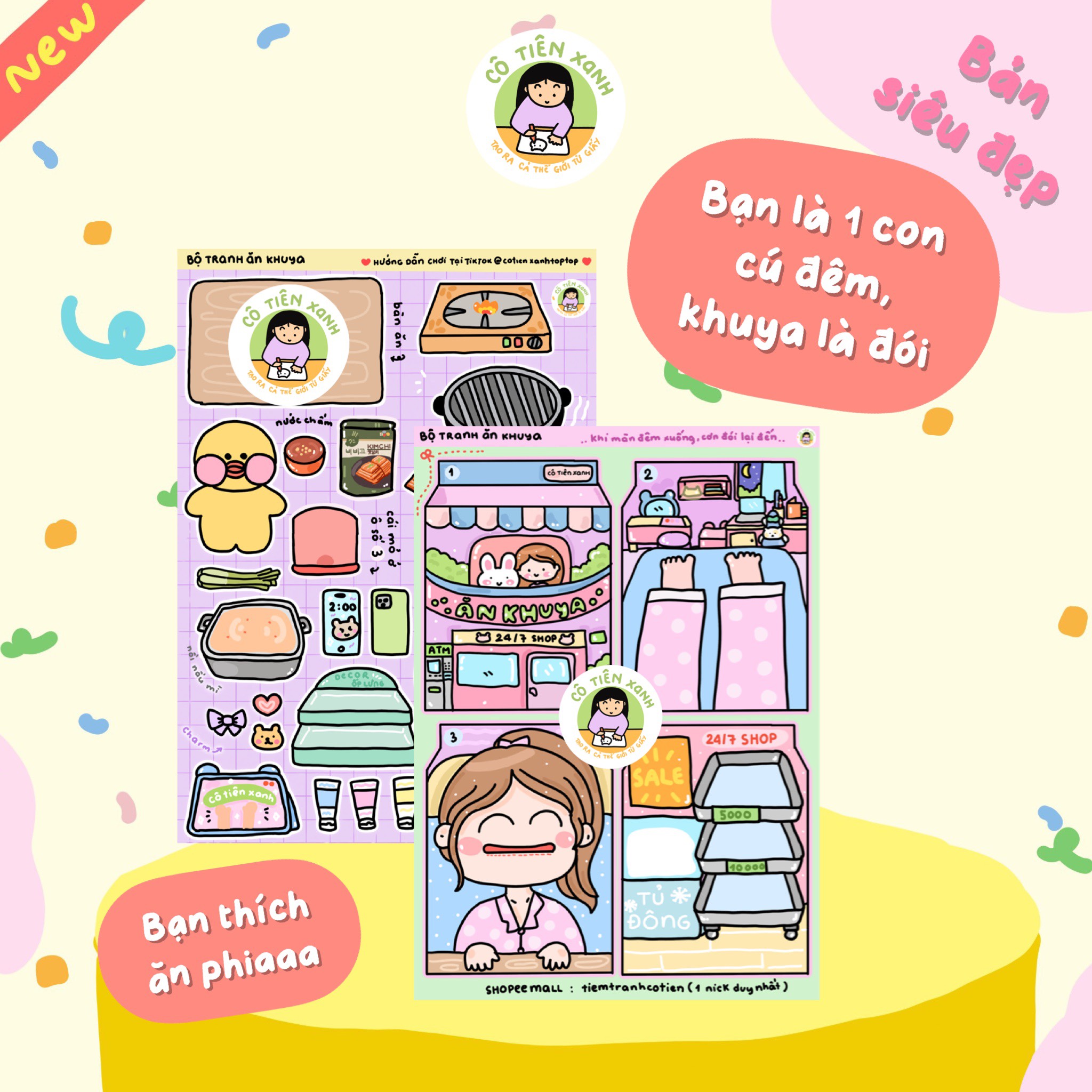 Bộ Tranh Đồ Chơi Giấy "Ăn Khuya" Cô Tiên Xanh Topping cắt sẵn