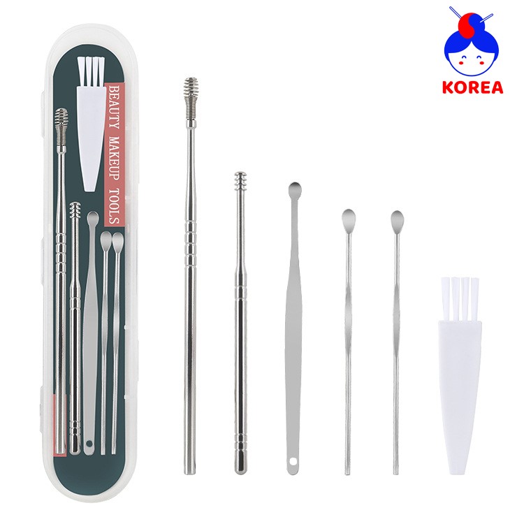 Bộ dụng cụ ngoáy tai Inox 6 Món, bộ lấy ráy tai thép không rỉ mát xa tai GIA DUNG KOREA làm sạch tai hiệu quả