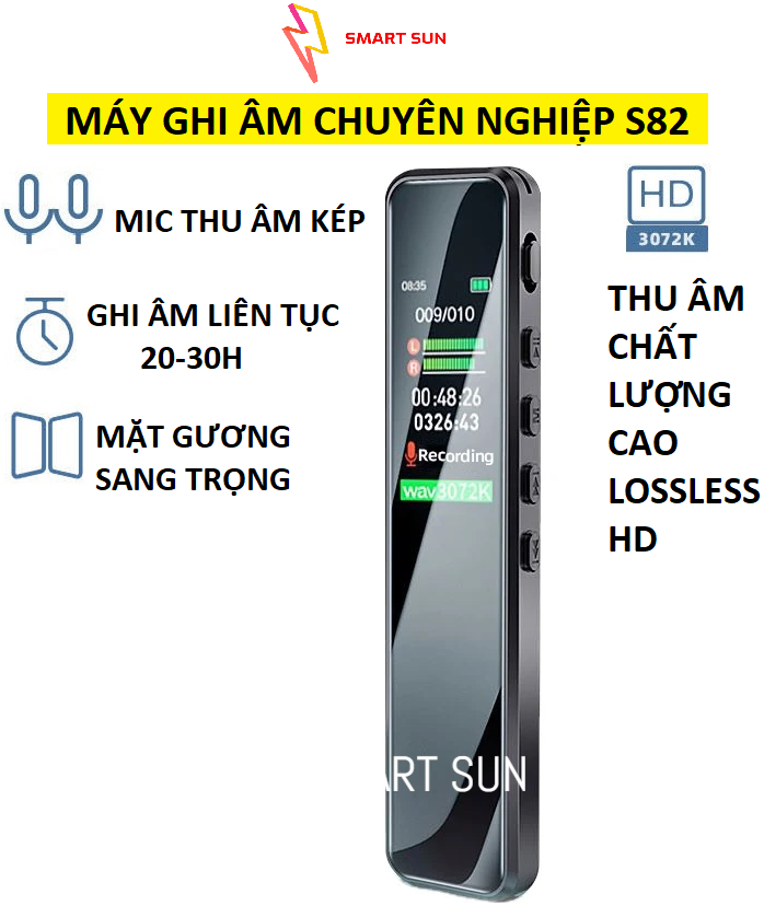 Máy ghi âm chuyên nghiệp cao cấp S82 có lọc âm, mic thu âm kép, pin sử dụng liên tục 20-30H