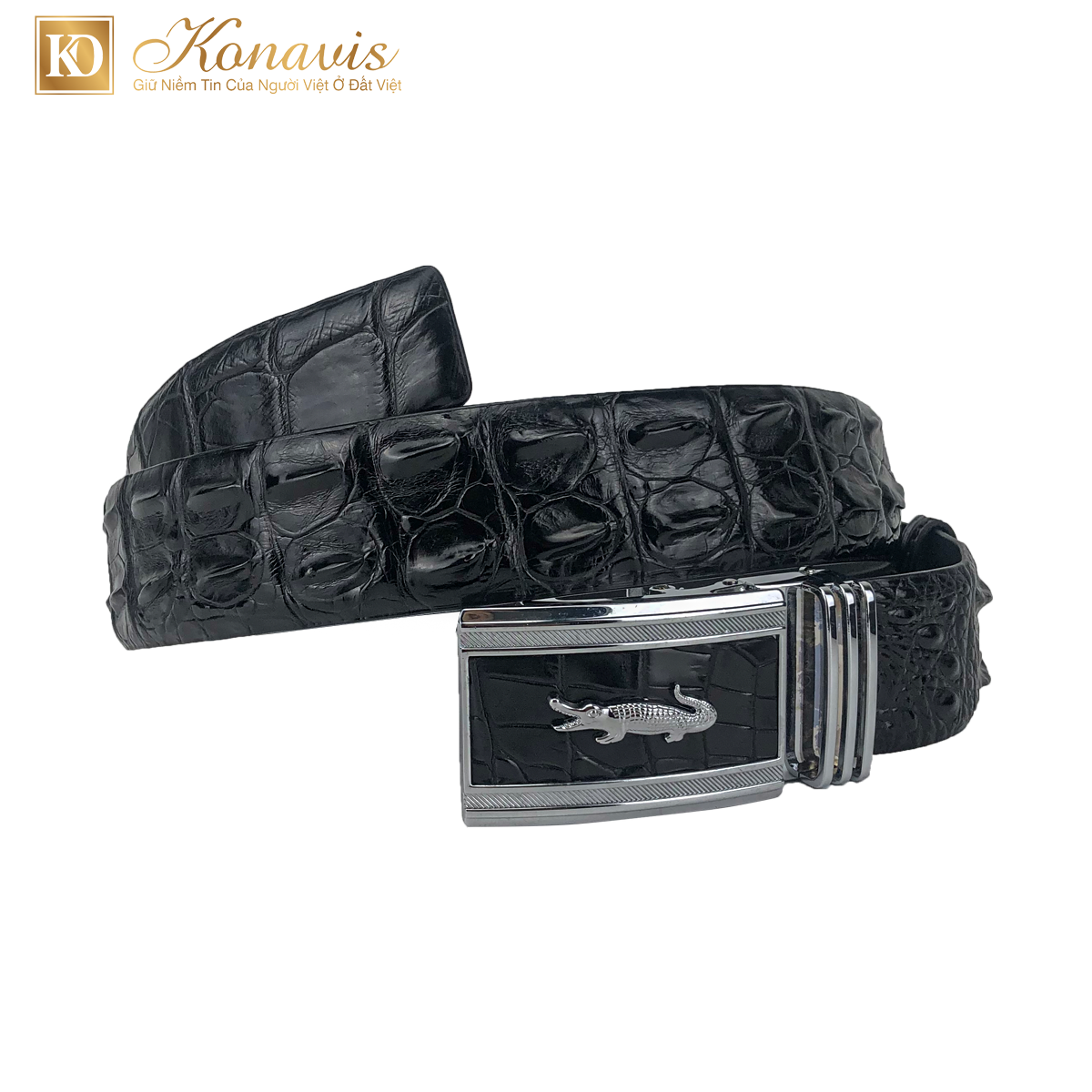 Dây nịt - Thắt lưng da cá sấu Konavis liền nguyên con làm từ phần bụng màu đen bản to 4.0 Cm - CB03-01
