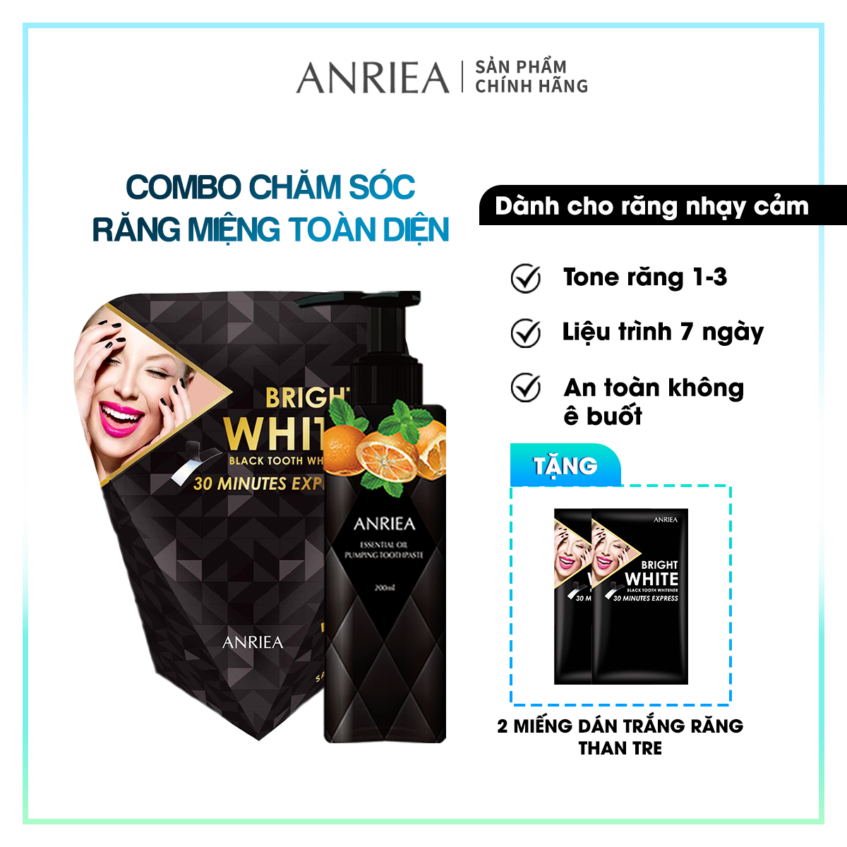 Combo miếng dán trắng răng và kem đánh răng hương cam Anriea chăm sóc răng miệng hiệu quả - Chính hãng A02.A05.2A03