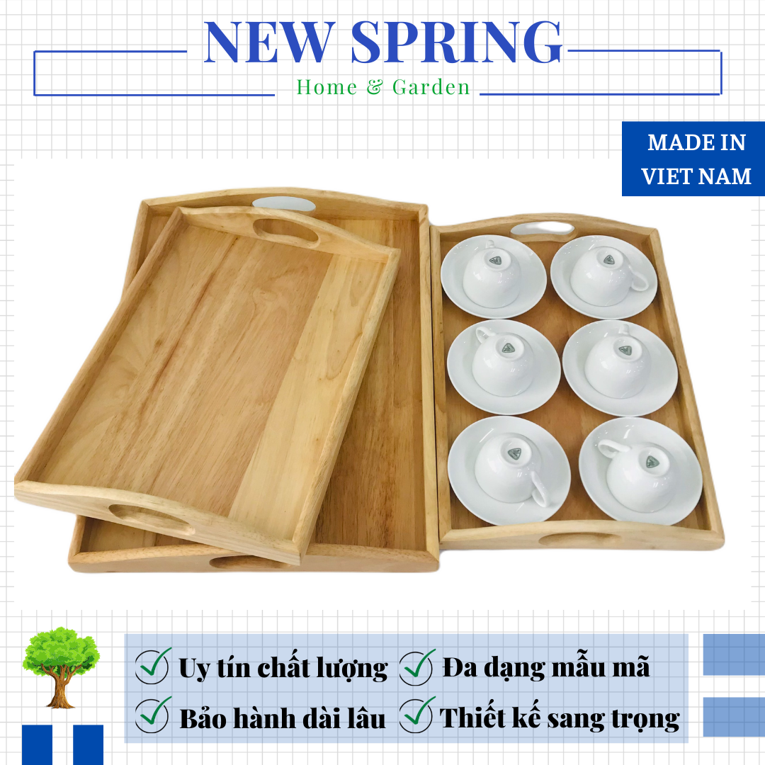 Khay gỗ decor có tay cầm 43 x 33 x 5cm, khay gỗ đa năng, 100% gỗ cao su tiêu chuẩn xuất khẩu