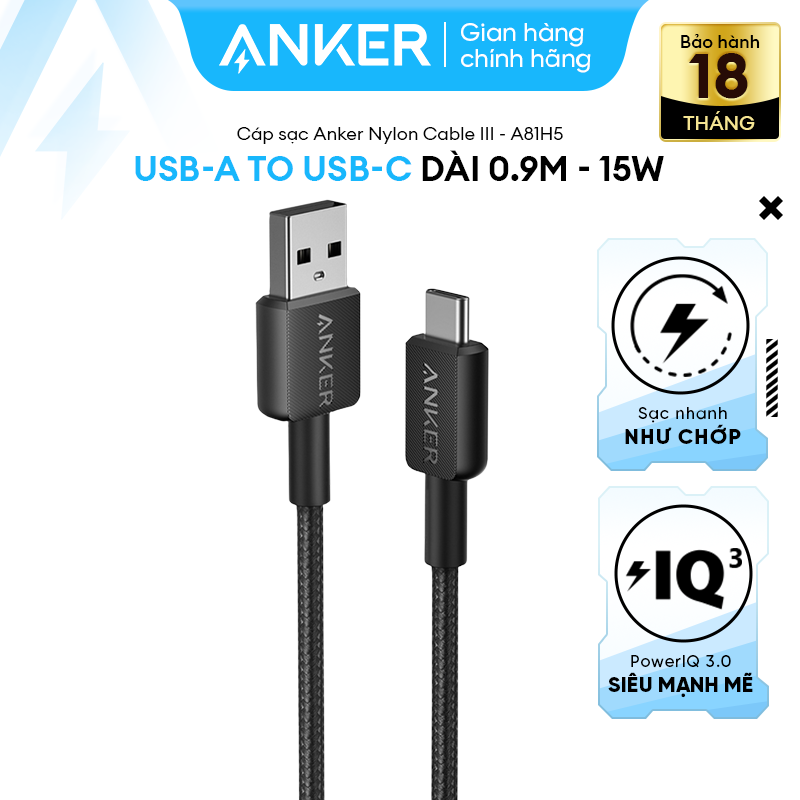 Cáp sạc anker 322 nylon cable iii usb-a to usb-c - dài 0.9/1.8m - a81h5/a81h6