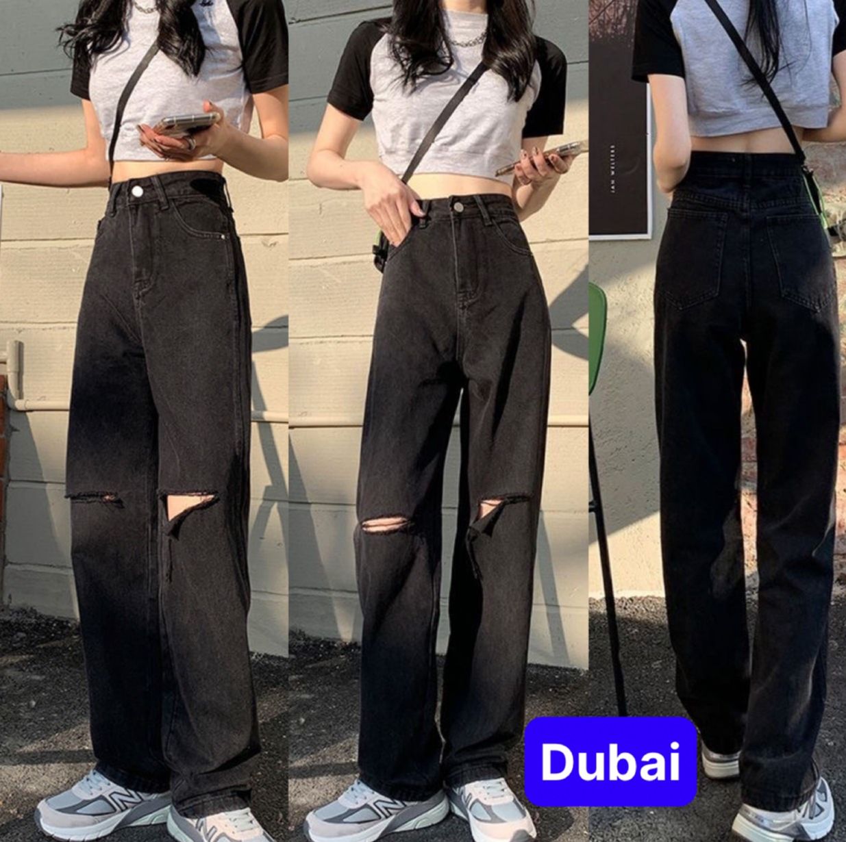 Quần jean ống suông rộng màu xanh đen rách cơ bản cạp lưng cao nâng mông phong cách xinh xắn dễ thương - Dubai Fashion