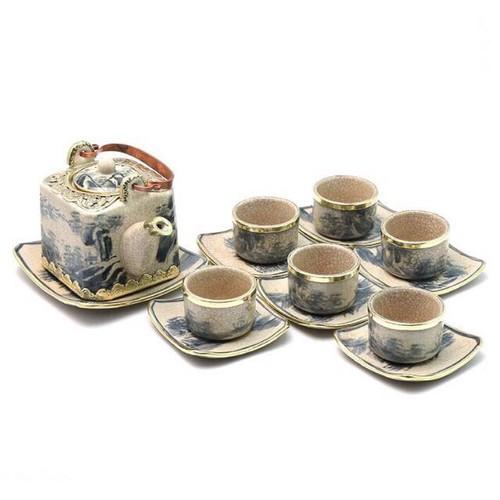 Bộ ấm chén vuông men rạn bọc đồng gốm sứ Bát Tràng
