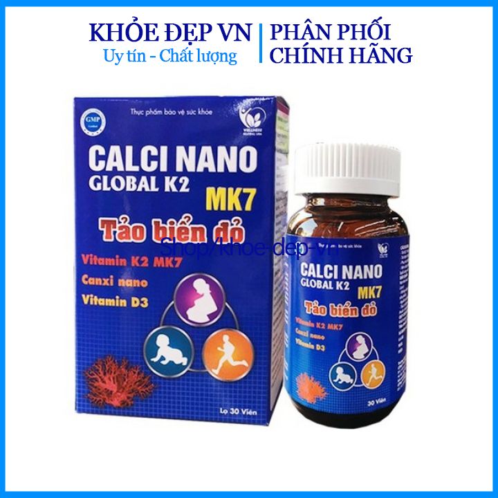 Calci Nano Global K2 Tảo biển đỏ - bổ sung canxi, tăng chiều cao,  ngăn ngừa loãng xương, giúp xương chắc khỏe – Hộp 30 viên