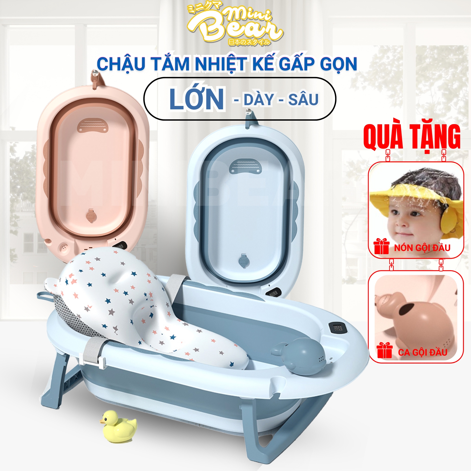 Chậu tắm nhiệt kế gấp gọn kèm phao lớn tặng kèm nón gội đầu, ca gội đầu