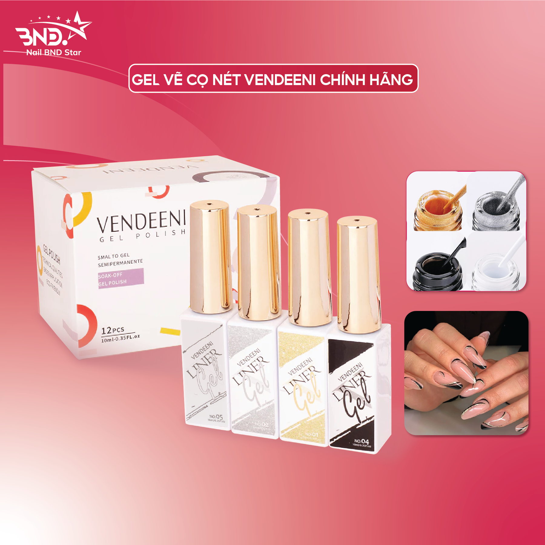 Gel vẽ cọ nét Vendeeni chính hãng - Sơn gel vẽ nét mảnh trang trí móng nail chất đặc dễ vẽ (lẻ chai) Nailbnd