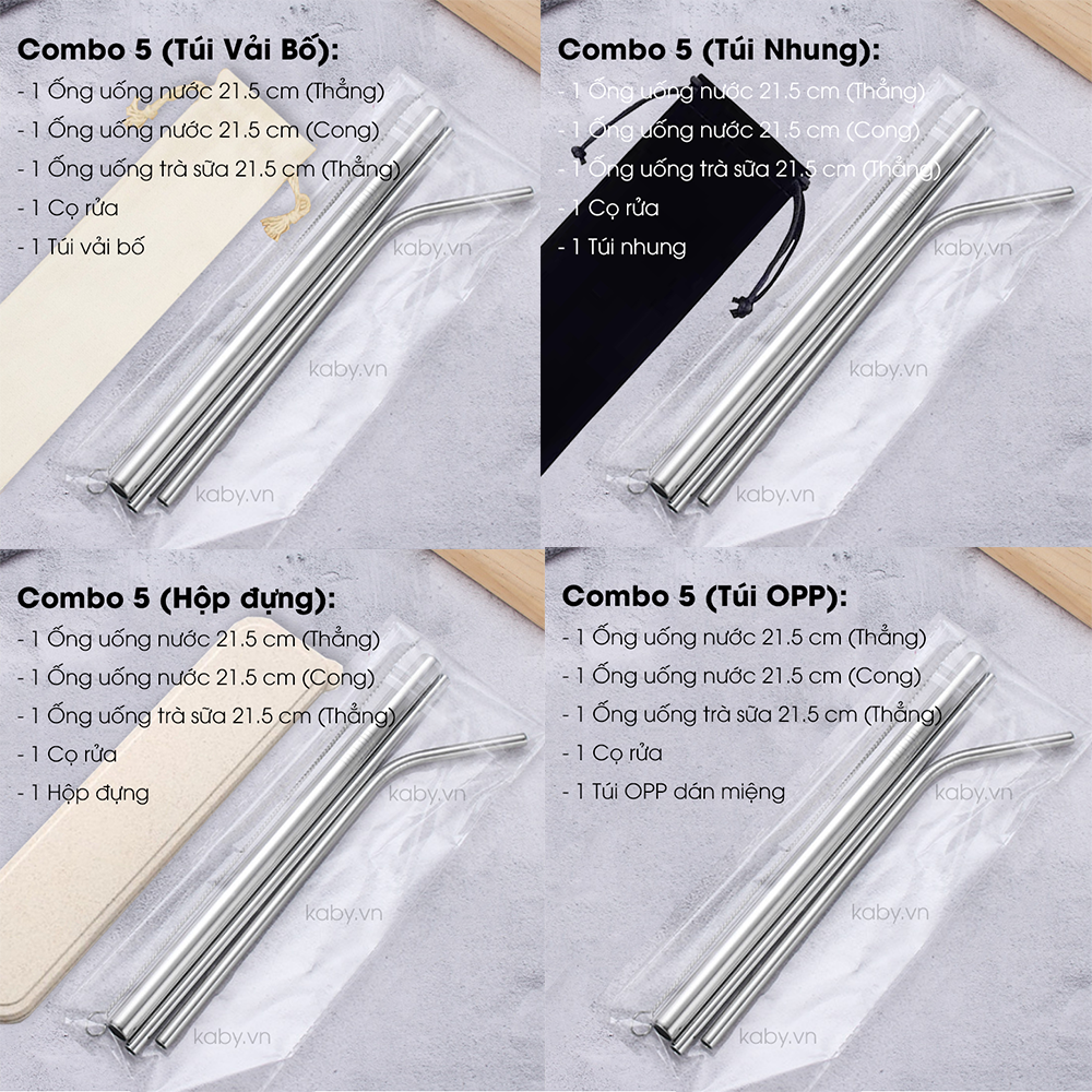 Ống Hút Inox 304 Kèm Cọ Rửa (Tùy Chọn Ngắn Dài Ống Lẻ Ống Hút Trân Châu To Túi Vải Hộp Đựng)