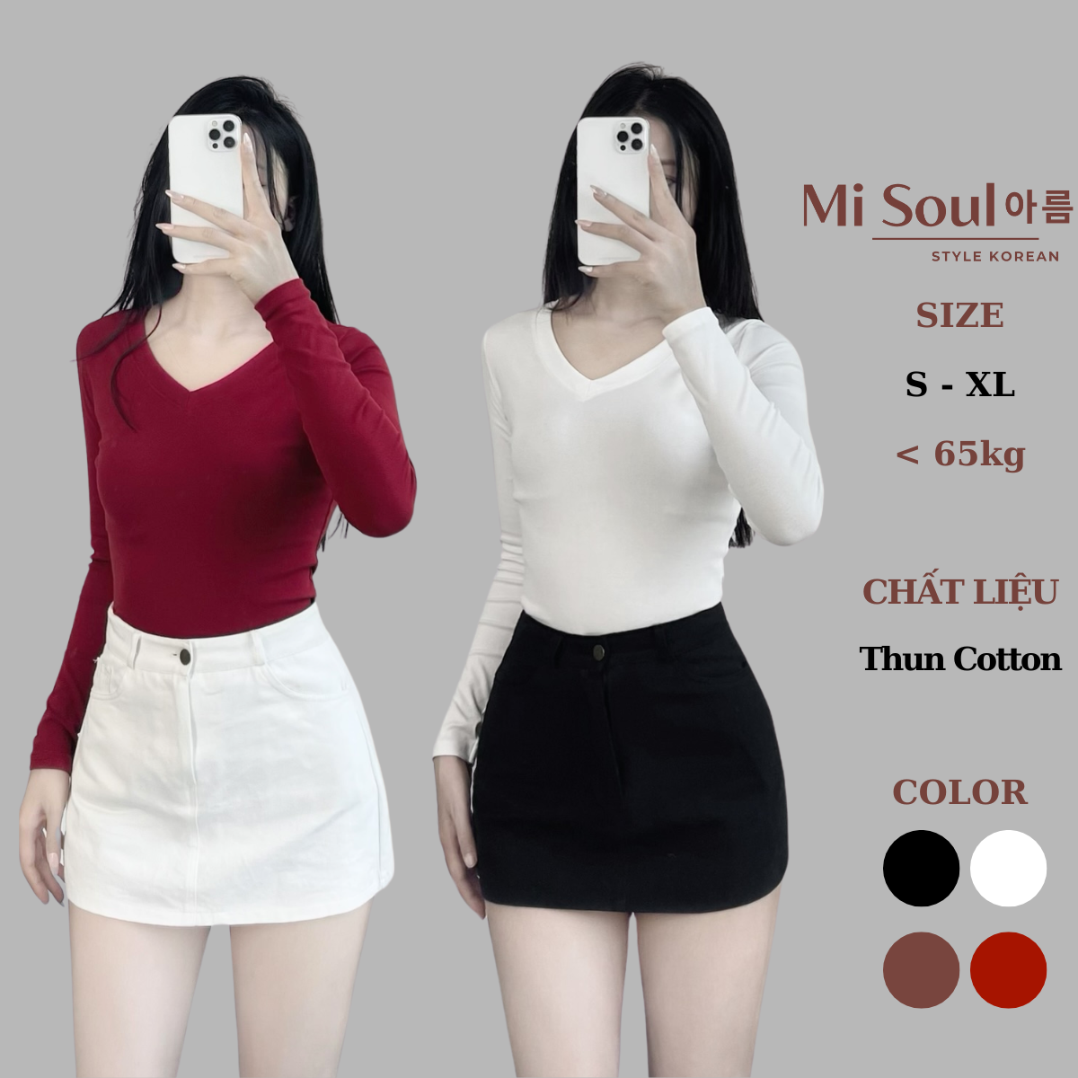 Áo Thun Nữ Cổ Tim Vải Cotton Co Giãn Dài Tay BigSize MiSoul, Áo Thun Cotton Dài Tay Nữ Cổ V 352