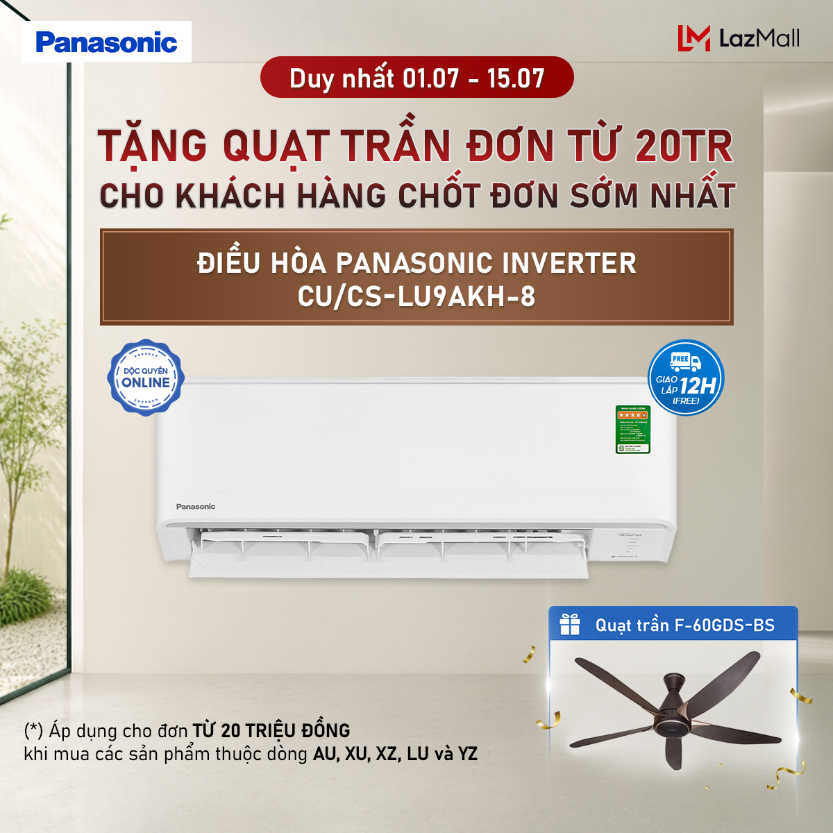 [ Sẵn hàng miền Nam] Máy lạnh/ Điều hòa Panasonic Inverter CU/CS-LU9AKH-8 - 1HP - Một chiều - Eco AI - Lọc sạch không khí NanoeX - Wifi