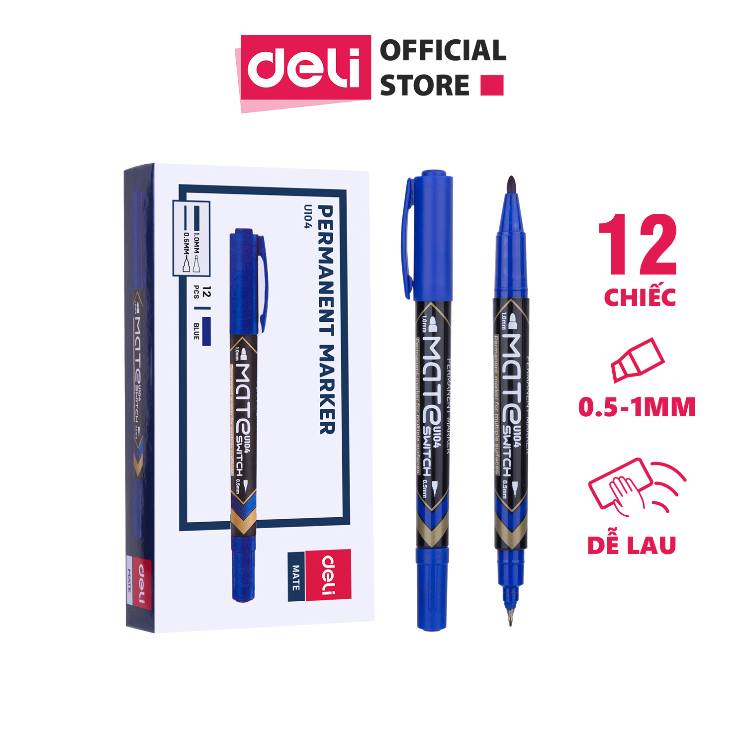 Bút dạ kính 2 đầu Deli - không xóa được, mực vĩnh cửu - Mực Đen/Xanh/Đỏ - 1 chiếc - EU10420 / EU10430 / EU10440
