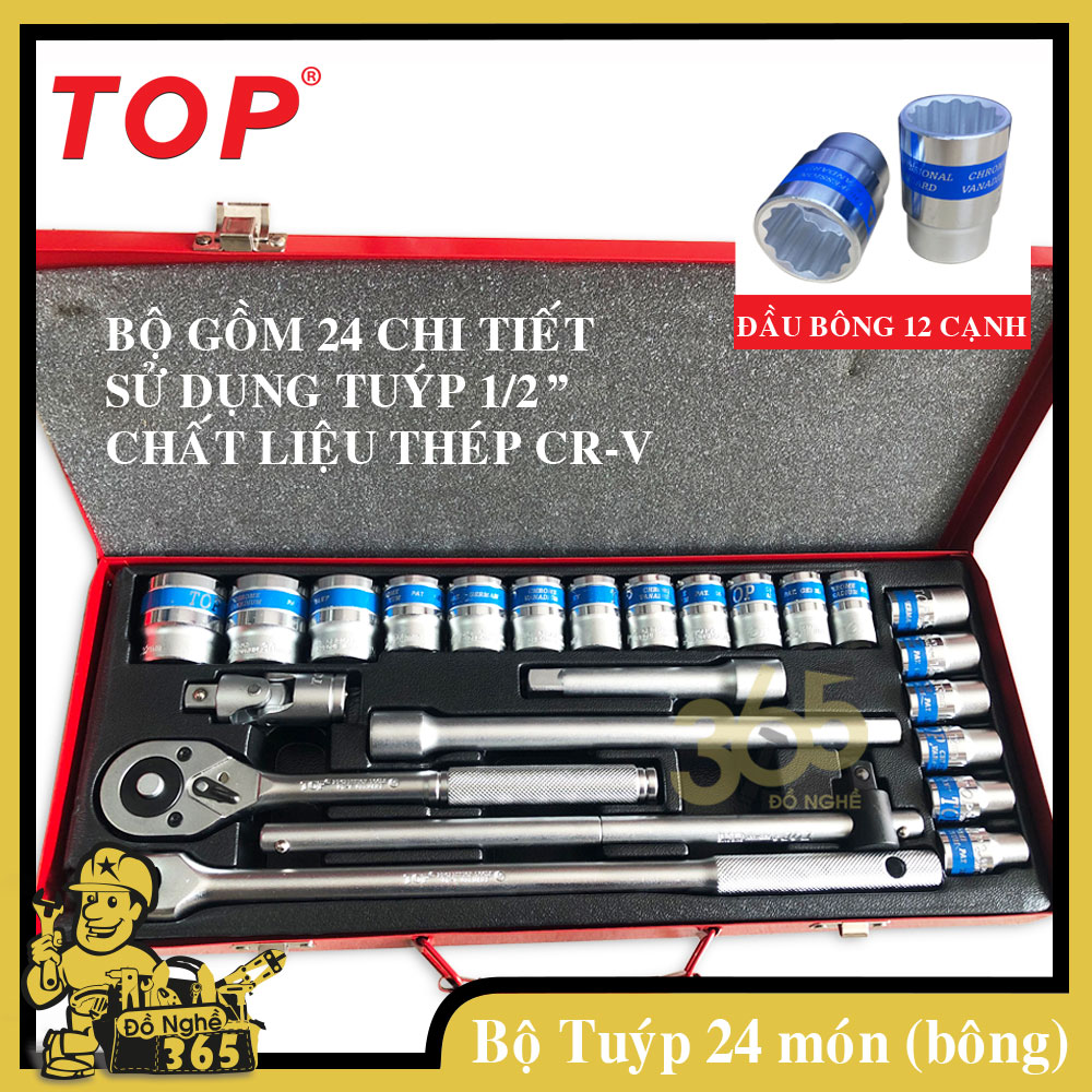 Bộ tuýp 24 món Đức hệ mét TOP, bộ gồm 24 chi tiết dụng cụ chuyên sửa chữa và lắp ráp các loại xe máy, máy móc công nghiệp