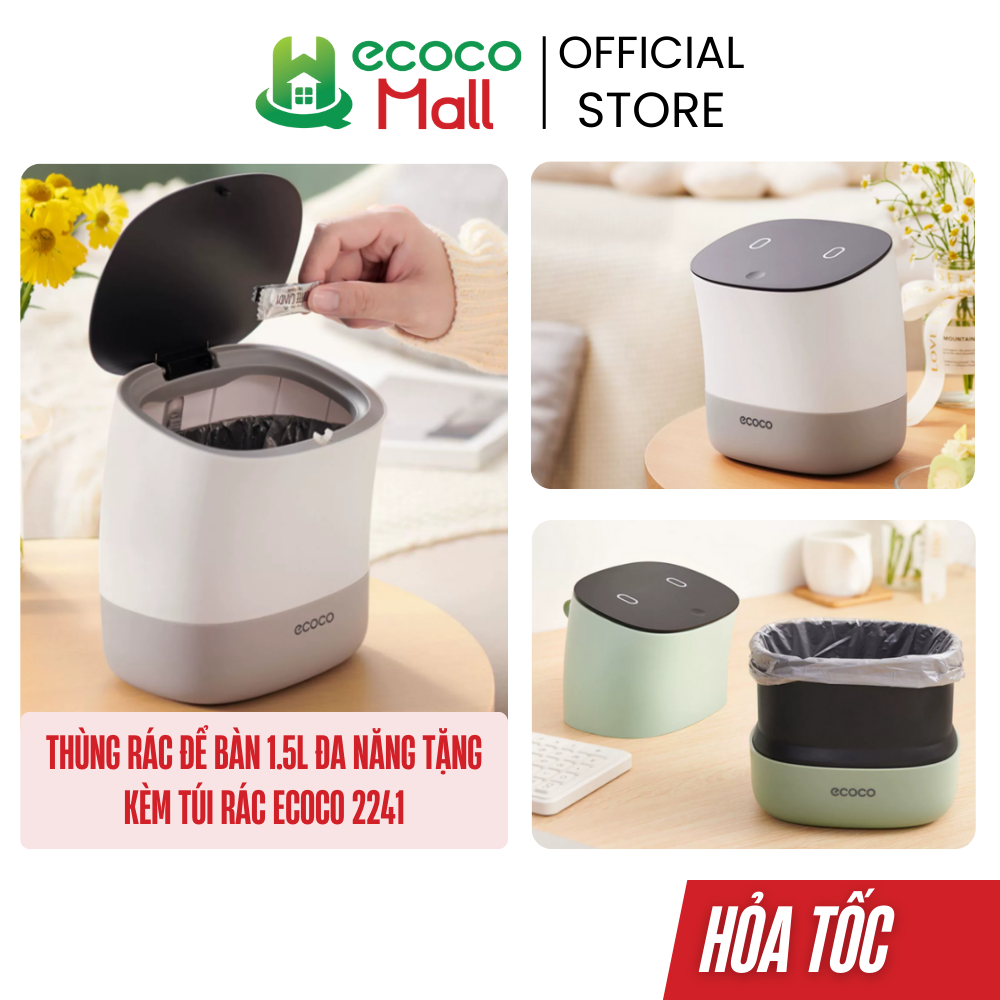 Thùng rác để bàn ECOCO 1,5L đa năng tặng kèm túi rác, Hộp đựng vỏ mini văn phòng nắp kín cao cấp 2241