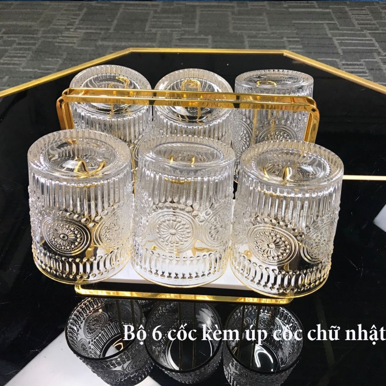 Bộ 6 cốc thuỷ tinh kèm giá úp cốc