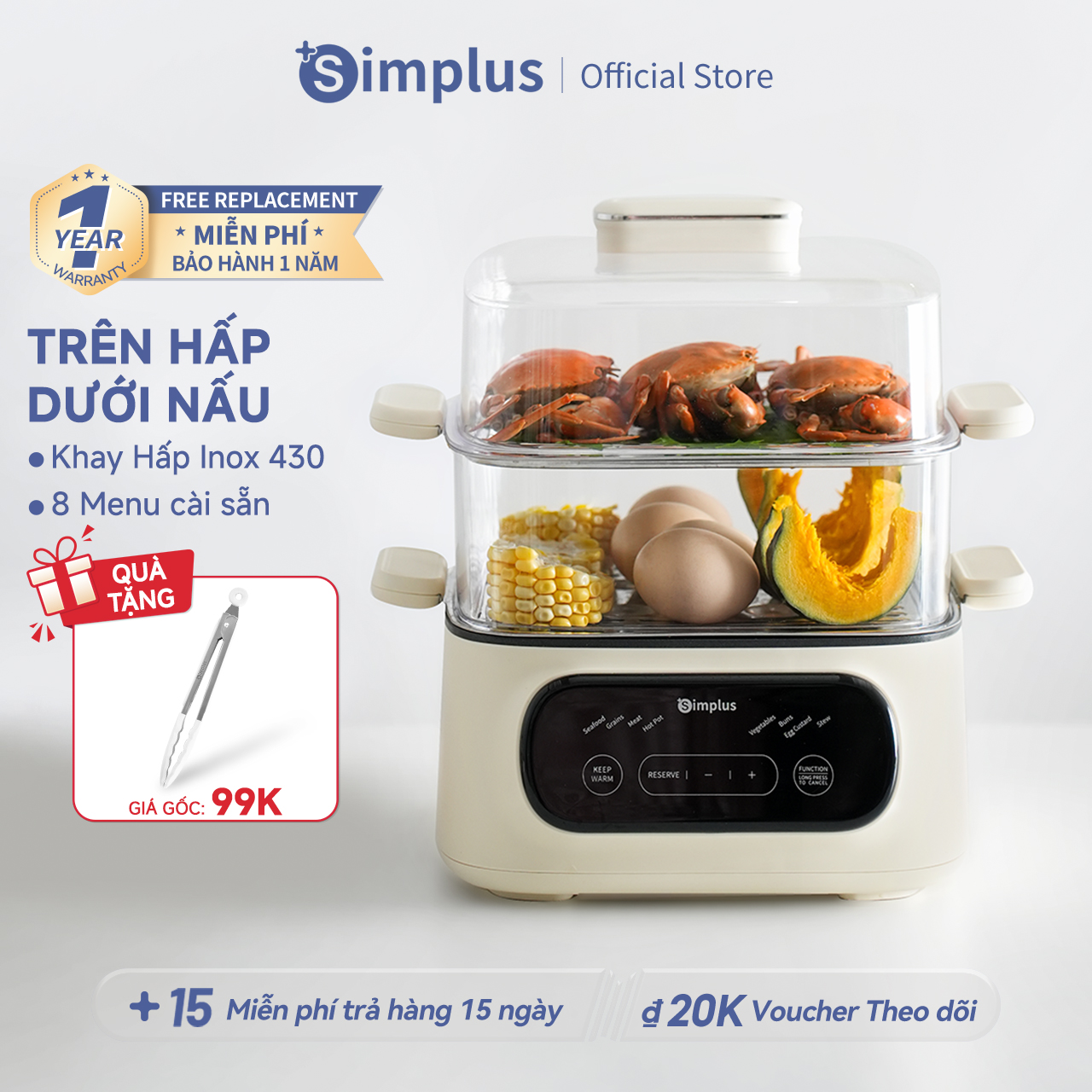 Simplus Nồi Hấp Điện 2 Tầng Gia dụng Dung tích lớn 12L Làm nóng nhanh 1200W Nồi hấp đa năng 3 Mức nhiệt Cảm ứng Màn hình kỹ thuật số Lồng hấp quan sát bên trong Hẹn giờ 24 tiếng  DZEG002- Bảo hành 1 năm 1 đổi 1