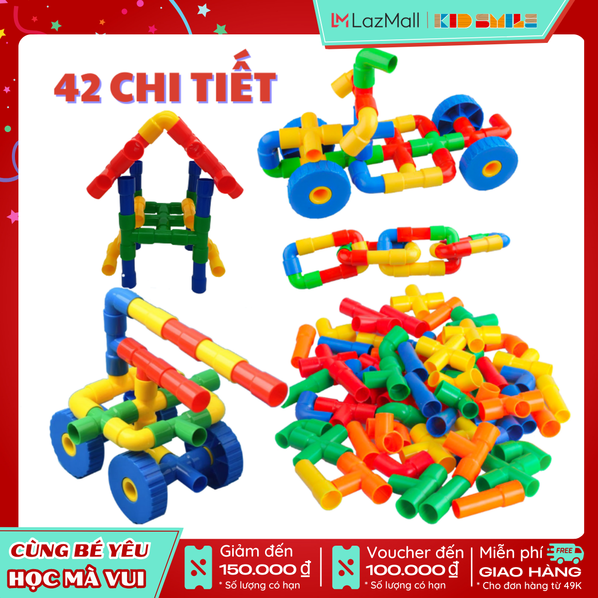 Đồ Chơi Trẻ Em Túi Xếp Hình Ống Nước 42 Chi Tiết Nhiều Màu Sắc Cho Bé Từ 3 Tuổi Trở Lên