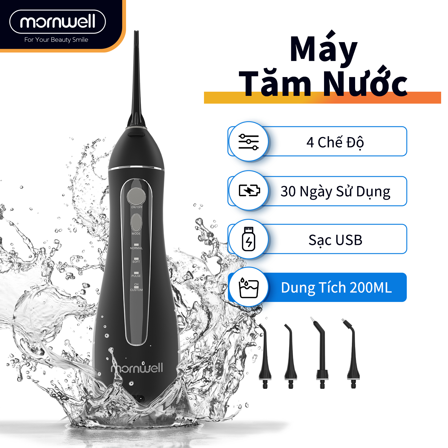 Máy tăm nước cầm tay F18 Mornwell - 4 chế độ - Dung tích 200ml (có thể tháo rời) - Cổng sạc USB - IPX7 không thấm nước cấp