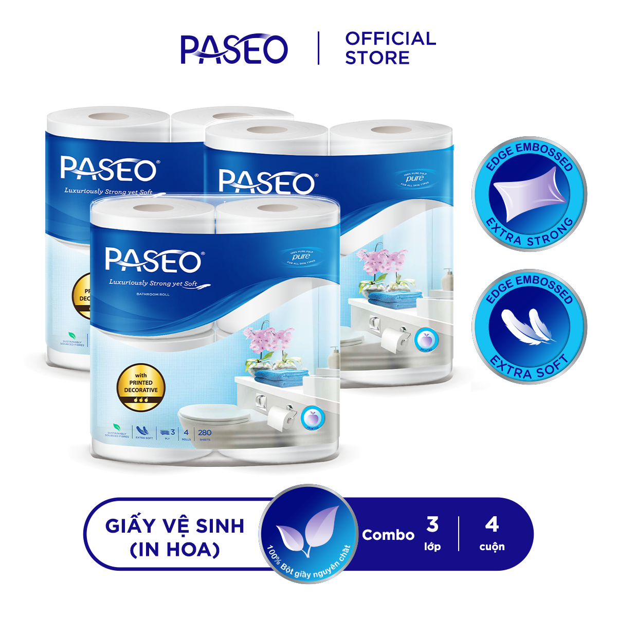Combo 3 lốc giấy vệ sinh cao cấp Paseo dai, mềm mại, in hoa (4 cuộn 3 lớp)/lốc