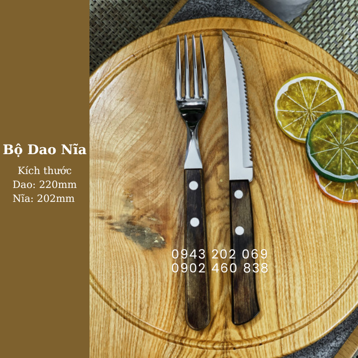 Bộ dao nĩa cán gỗ ăn thịt bò