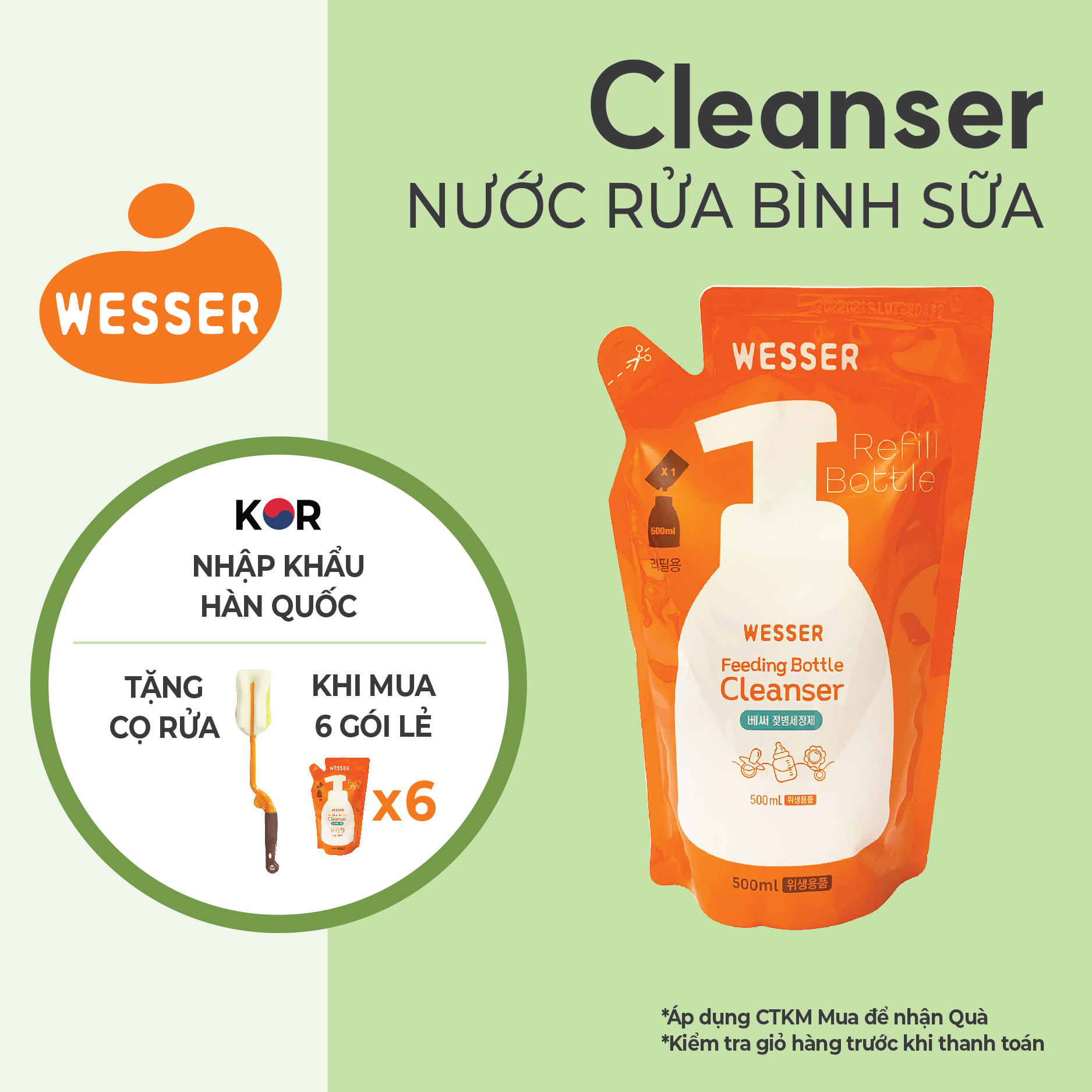 Nước rửa bình sữa Wesser dạng gói 500ml (Nhập khẩu)
