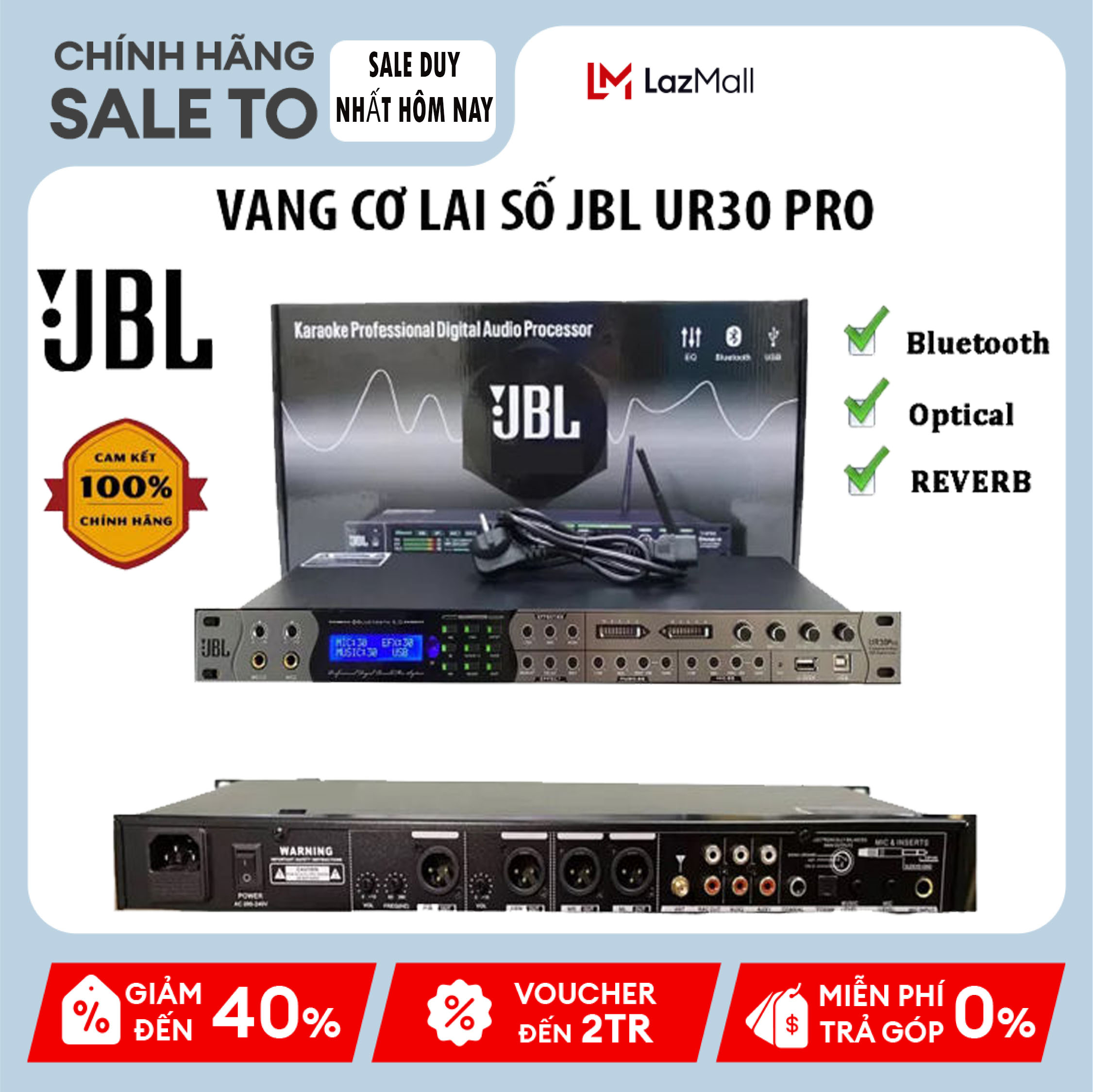 Vang Cơ Lai Số JBL UR30 Pro Chuyên Nghiệp Chống Hú Rít Cực Màn Hình LCD Hiển Thị Thông Số Kết Nối Không Dây Bluetooth Cổng Quang Optical Coaxial USB AV 3 Cổng Cắm Micro Căn Chỉnh Riêng Biệt