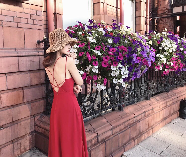 Đầm maxi 4 dây hở lưng dây chéo màu trắng, đỏ, đen đi chơi, đi biển, dự tiệc sang trọng DM362400 LEMITA