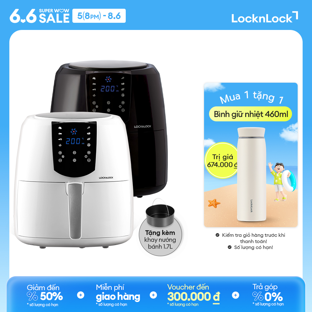 Ejf357 - nồi chiên không dầu lock&lock 5.2l - cảm ứng, 7 chế độ nấu, tỏa nhiệt đối lưu, tặng khay bánh - chính hãng - bảo hành 2 năm