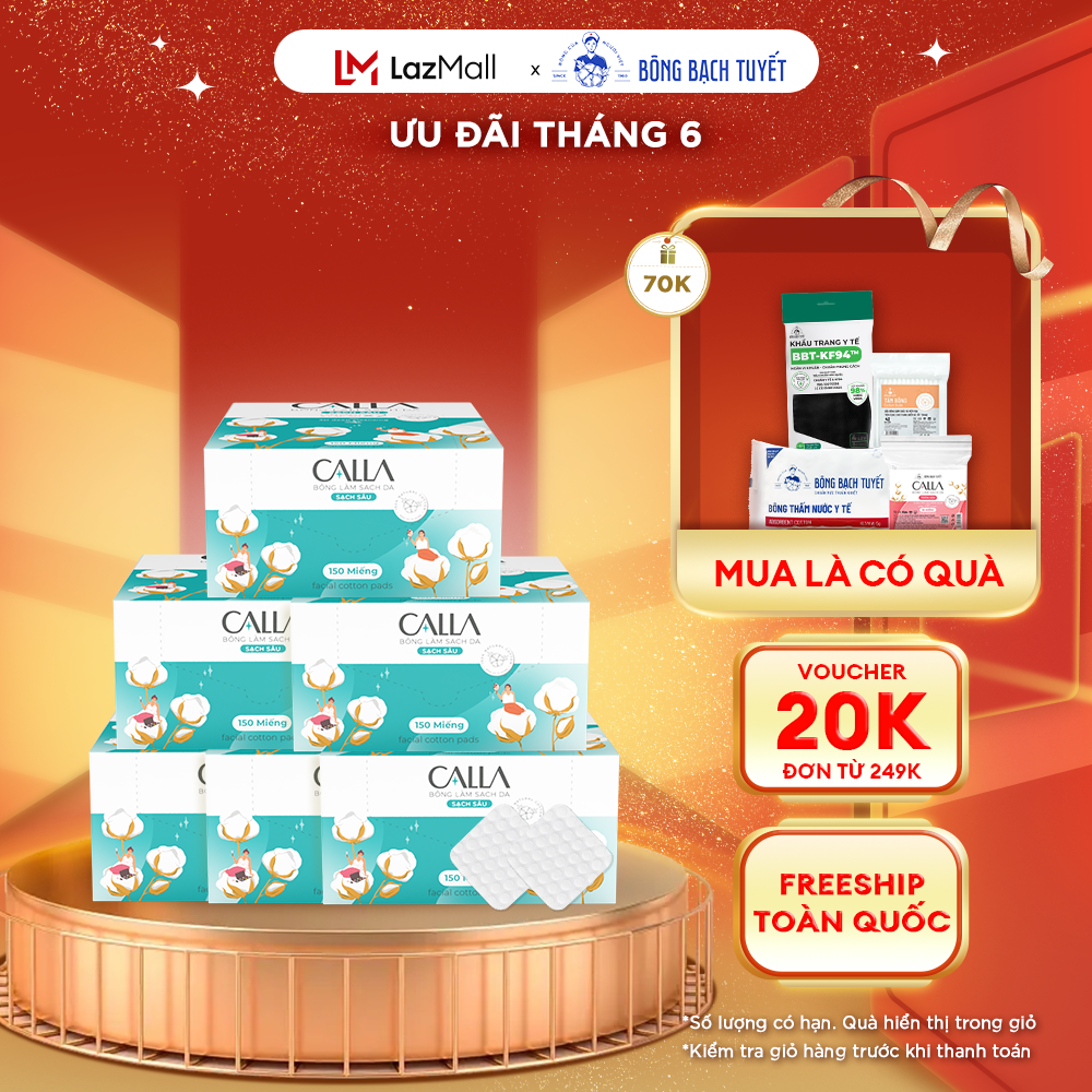 Combo 6 Hộp Bông Tẩy trang làm sạch da Calla Sạch Sâu 150 miếng/hộp