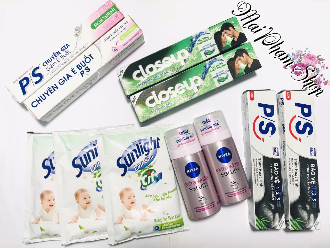 Mua trọn bộ 11 món tiện ích : 2chai xịt khử mùi serum nivea nữ + 2tuýp kem đánh răng ps ê buốt + 2tuýp kem đánh răng ps than hoạt tính + 2tuýp kem đánh răng closeup bạc hà & Tặng 3 gói nước lau sàn sunlight