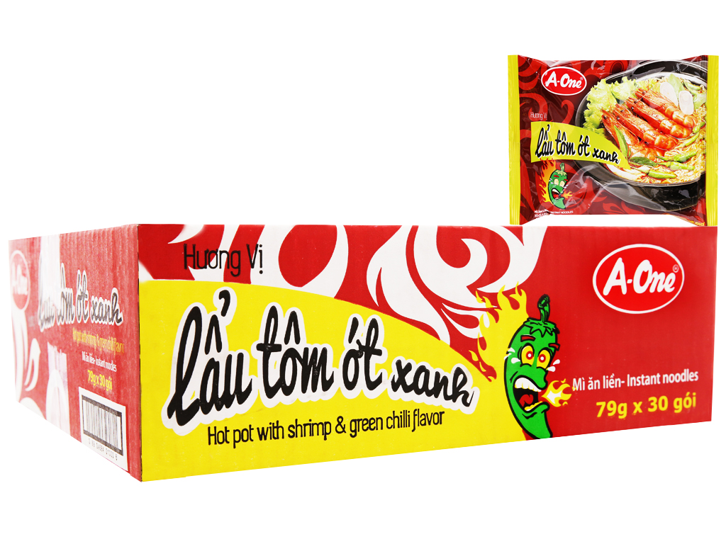 Thùng 30 gói mì A-One hương vị lẩu tôm ớt xanh 79g