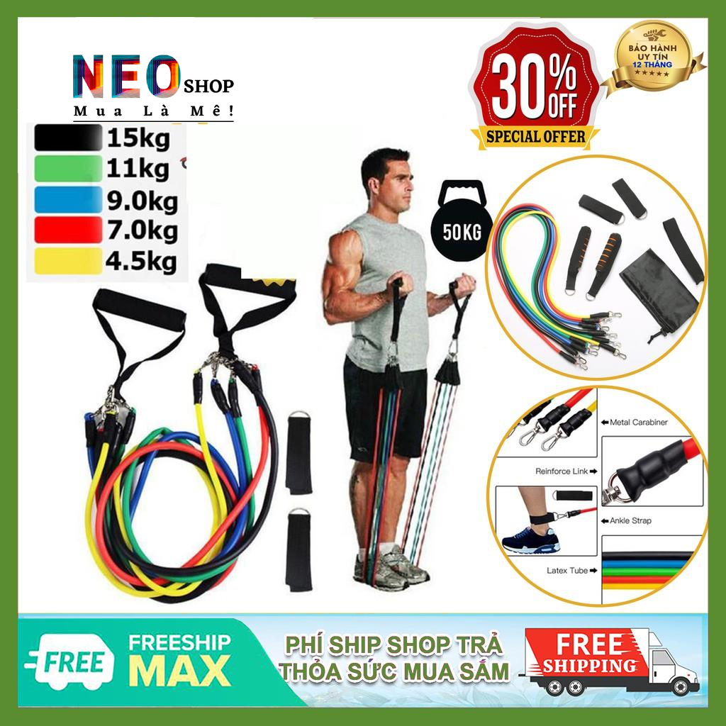 Bộ dây tập gym ngũ sắc đàn hồi cao cấp 11 món - dây đàn hồi tập thể hình - dây tập kháng lực 100lb tiêu chuẩn
