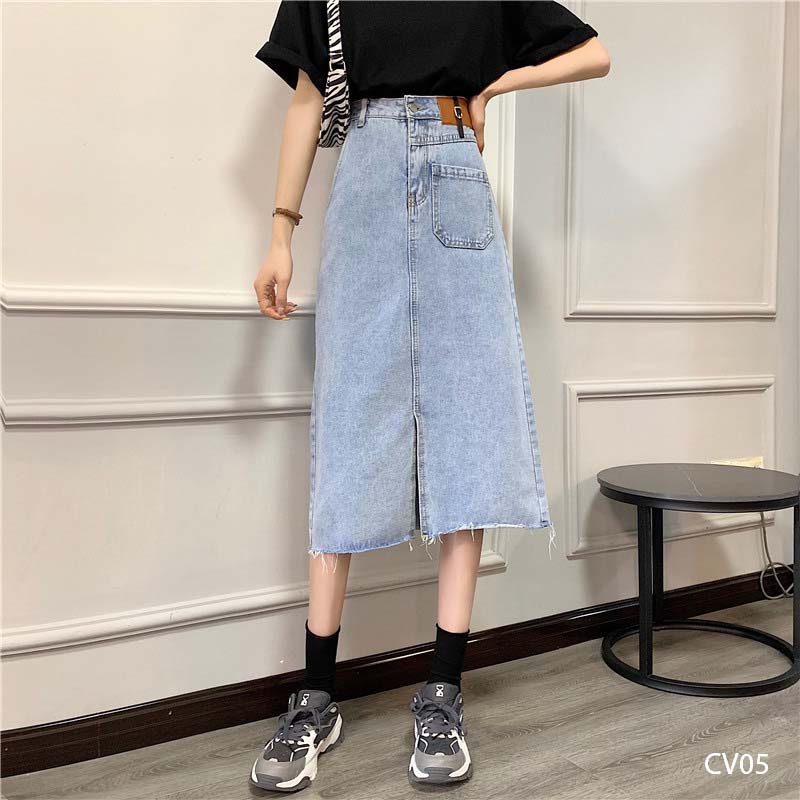 Chân váy jean dài chân váy bò WANAWEAR chất bò mềm mại phong cách retro
