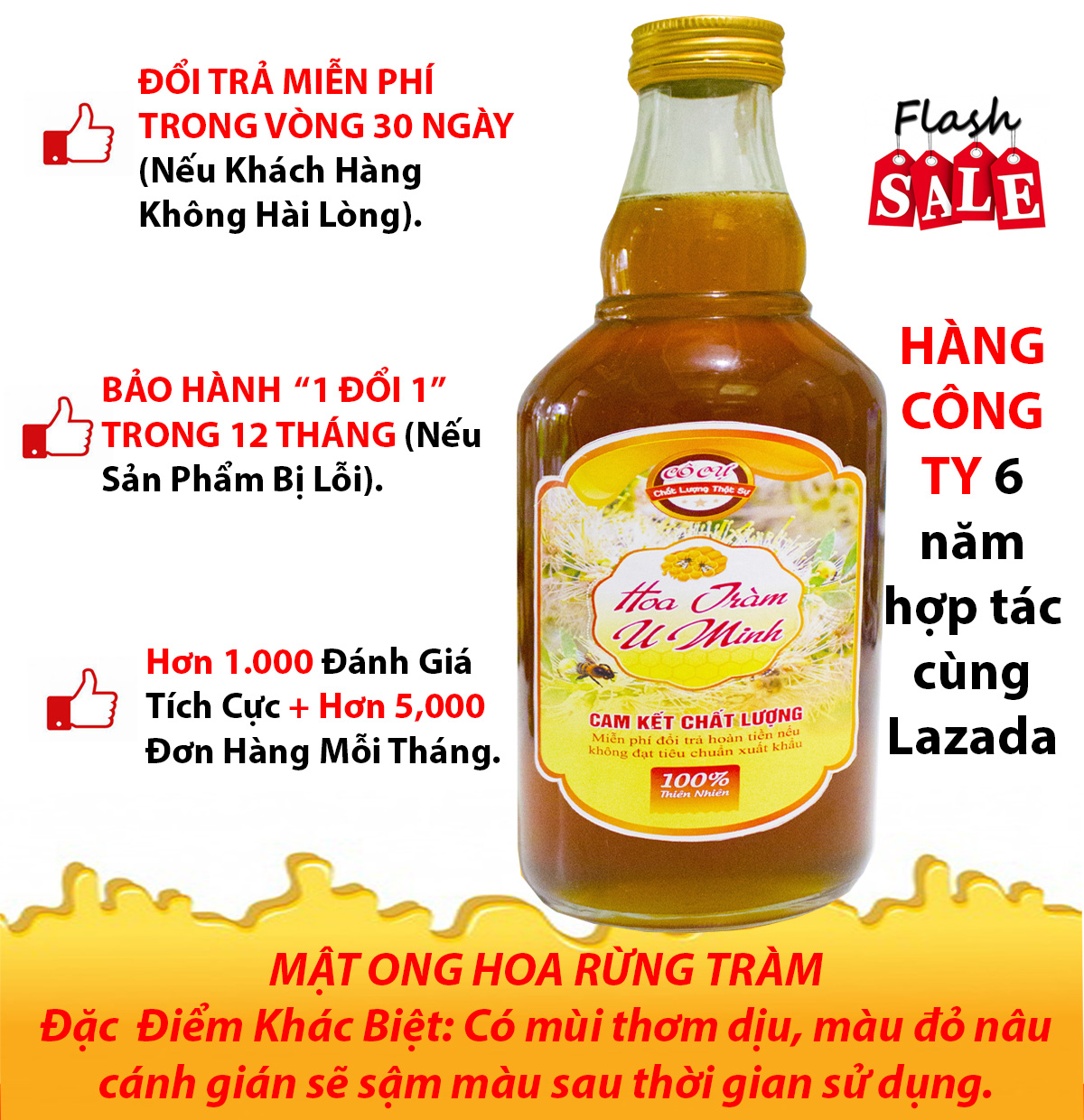 Mật ong nguyên chất Hoa Tràm 500ml - chai thủy tinh cam kết chất lượng từ gian hàng chính hãng
