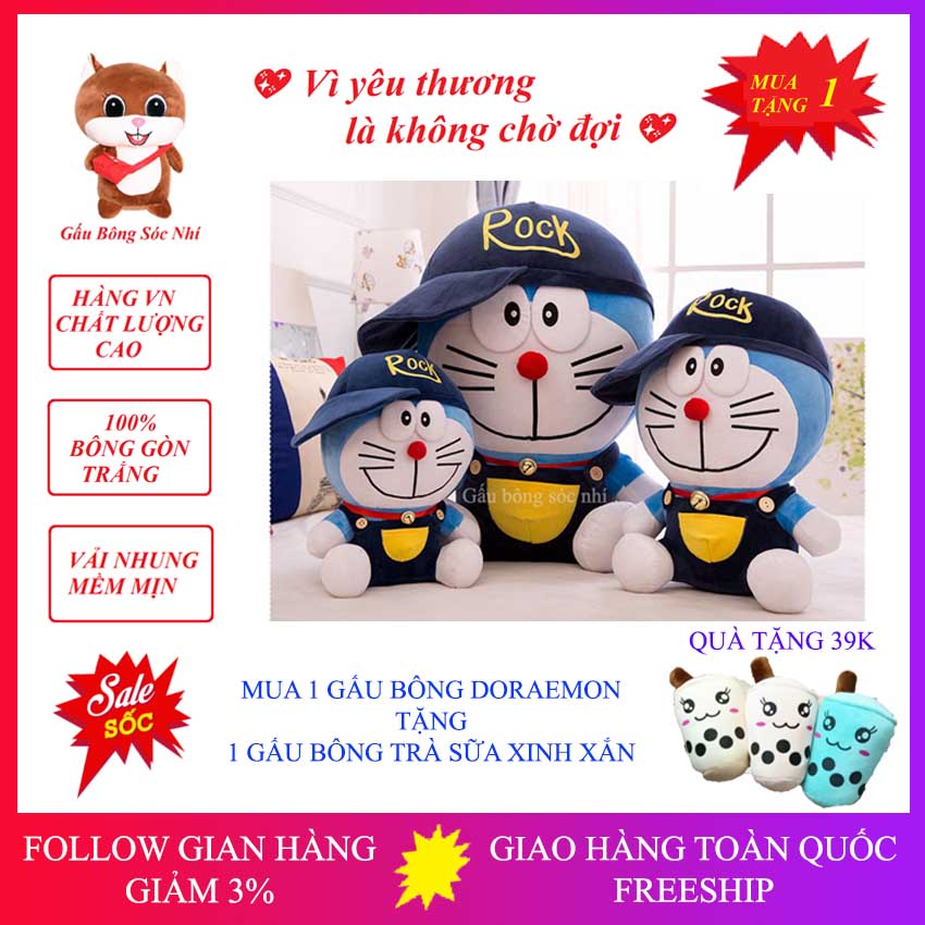 [Mua 1 Tặng 1] Gấu Bông Doraemon Rock Mũ Cực Ngầu - Gấu Bông Sóc Nhí 07 - Gấu Bông Cao Cấp Vải Nhung Co Giãn 4 Chiều - Mua 1 Gấu Bông Doraemon Rock Mũ Tặng 1 Gấu Bông Trà Sữa Xinh Xắn