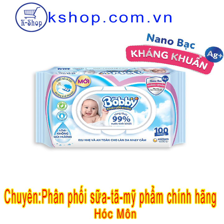 Khăn ướt bobby không mùi 100 tờ dành cho trẻ sơ sinh- nano bạc