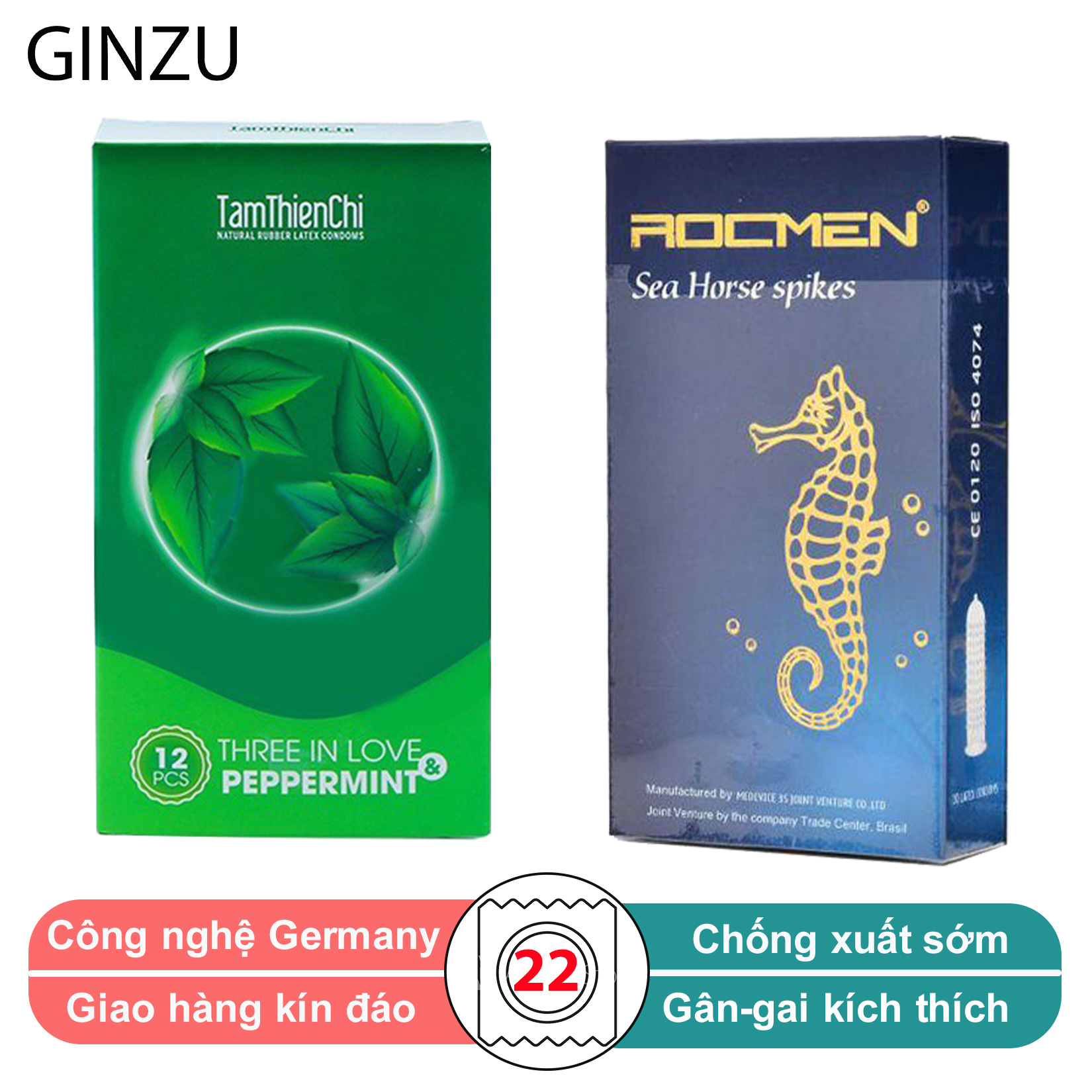 Combo 1 hộp bao cao su an toàn Tâm thiện chí threeinlove12+ 1 hộp Roc xanh, hương bạc hà, bcs hạt nổi - cổ thắt - đường gân GINZU