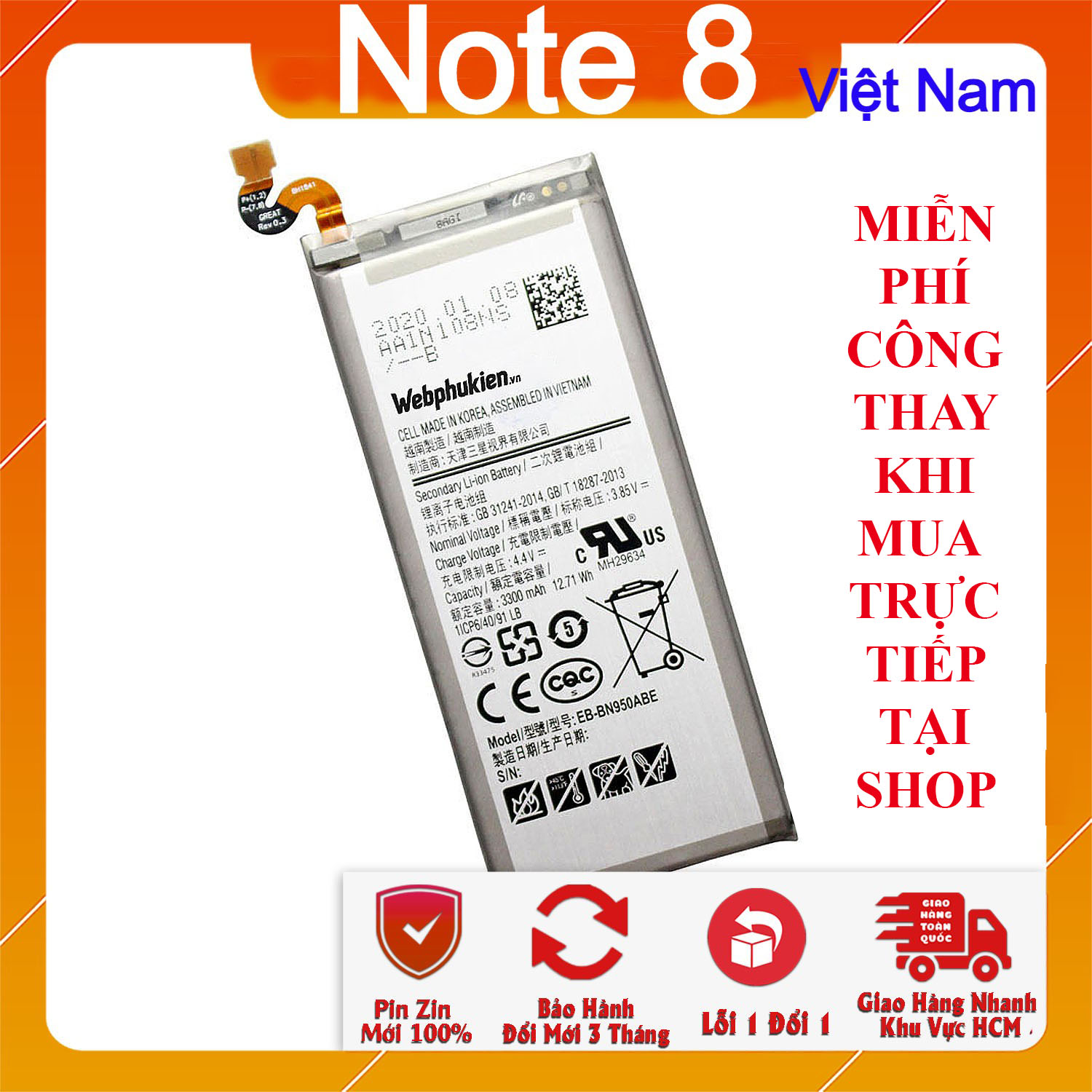 Pin webphukien cho samsung galaxy note 8 eb-bn950abe 3300mah