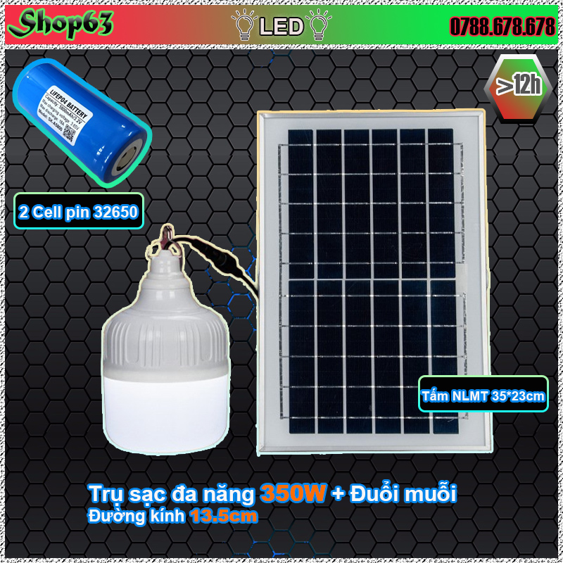 Bộ bóng đèn LED trụ sạc tích điện đa năng 350W sử dụng cell pin 32650 dung lượng lớn (đường kính 135mm - sáng trên 12 tiếng với 3 chế độ chiếu sáng - đuổi muỗi - khẩn cấp)