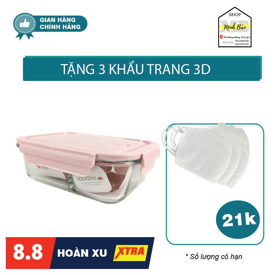 Thố Thủy Tinh Giữ Nhiệt 2 Ngăn Cao Cấp - Hộp Đựng Cơm Văn Phòng 1000ml