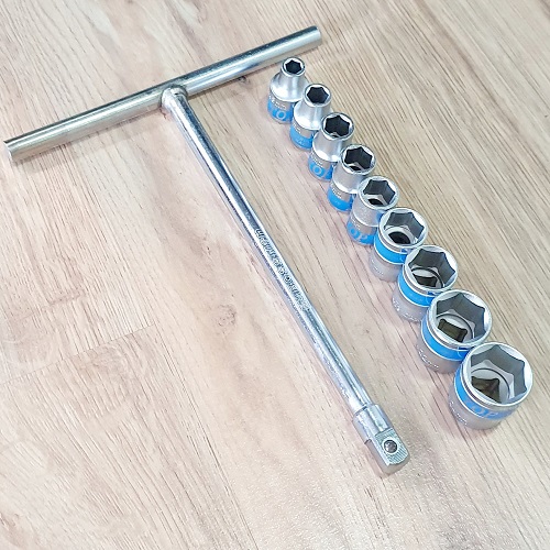 Bộ cần siết 1/2 chữ t cán và 9 đầu tuýp lục giác 1/2 các size 8-10-12-13-14-17-19-22-24mm tổng cộng 10 món